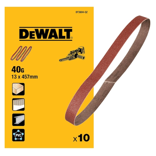 DEWALT DT3604 40 grit sanding belt pack. The packaging is yellow with black text and illustrations, showing a sanding belt and specifying the size (13 x 457 mm) and quantity (10 pieces). Suitable for wood, metal, and PVC materials.