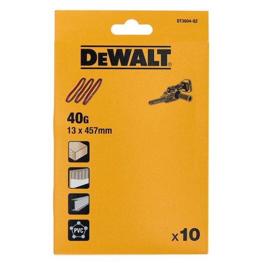 DEWALT DT3604 packaging for 40 grit sanding belts, size 13 x 457 mm, includes 10 belts, suitable for wood and PVC materials.