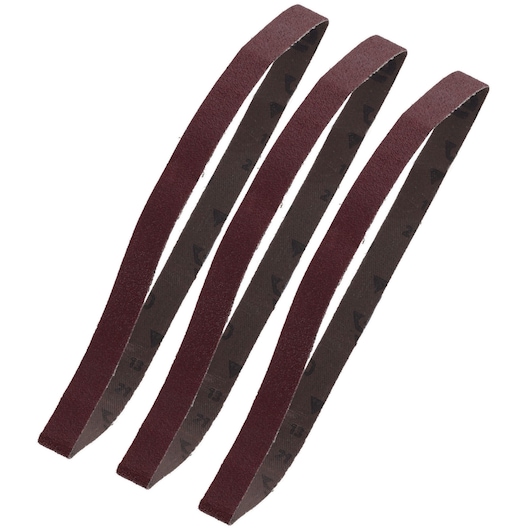 Four narrow maroon-colored sanding belts arranged in parallel on a white background.