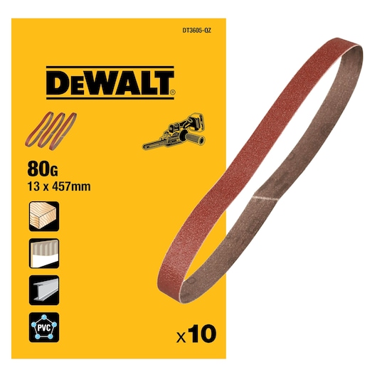 DEWALT package with ten 80 grit sanding belts, size 13 x 457 mm, suitable for wood, plastic, metal, and PVC sanding applications. One brown abrasive sanding belt is shown next to the yellow packaging.