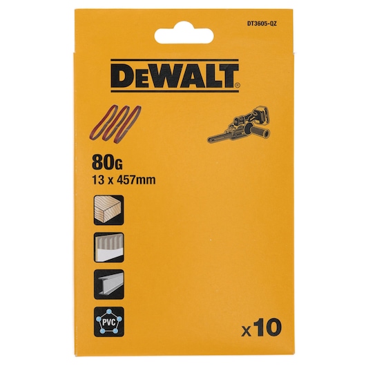 Front view of a DEWALT DT3605 pack containing ten 80G sanding belts sized 13 x 457 mm, suitable for various materials including wood, metal, and PVC.