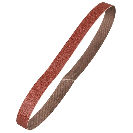 A close-up of a brown abrasive sanding belt, typically used with a belt sander for smoothing surfaces.