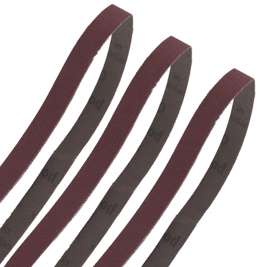 Four brown abrasive sanding belts with printed text on the inner side, arranged in parallel on a white background.