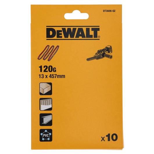 Front view of a DEWALT DT3606 pack containing 10 sanding belts with 120 grit, measuring 13 x 457 mm. The packaging is yellow and includes icons showing suitable materials: wood, laminate, metal, and PVC. There is also an illustration of a sanding tool.