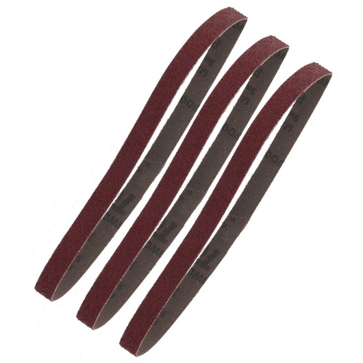 Four brown abrasive sanding belts arranged in a row, shown against a white background.