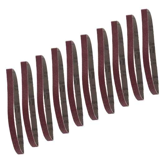 Ten brown abrasive sanding strips arranged in a row, viewed from an angle on a white background.