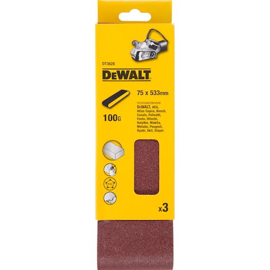 DEWALT DT3628 sanding belts, 75x533mm, 100 grit, pack of 3, suitable for wood, metal, and PVC.