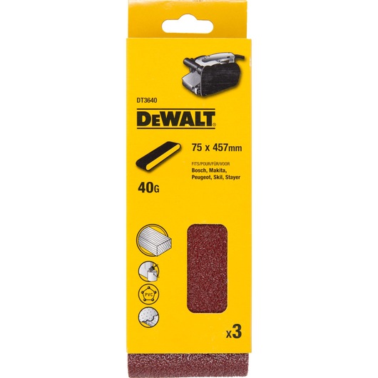 DEWALT DT3640 sanding belt pack, 75x457mm, 40G, fits various brands, contains three belts.