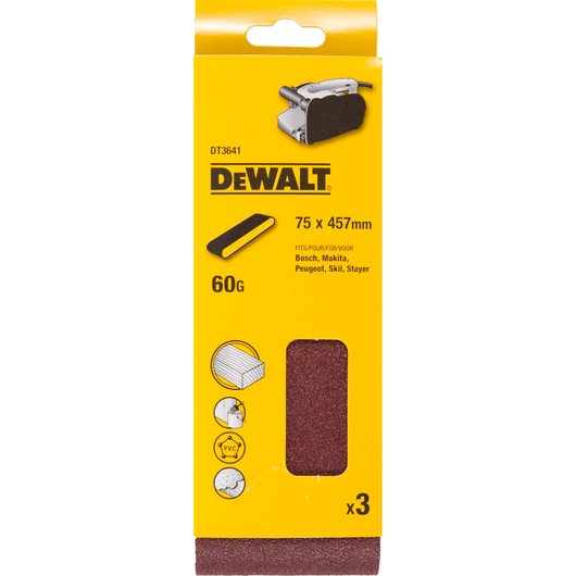 DEWALT DT3641 sanding belts, 75x457mm, 60 grit, pack of 3, for various materials and compatible brands.