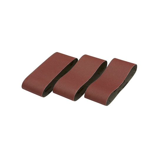 Three brown DEWALT sanding belts arranged side by side on a white background.