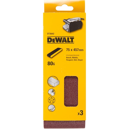 Packaging of DEWALT DT3642 sanding belts, 75 x 457 mm, 80 grit, suitable for Bosch, Makita, Peugeot, Skil, Stayer belt sanders. The yellow box displays three sanding belts and icons for wood, paint, PVC, and metal surfaces.
