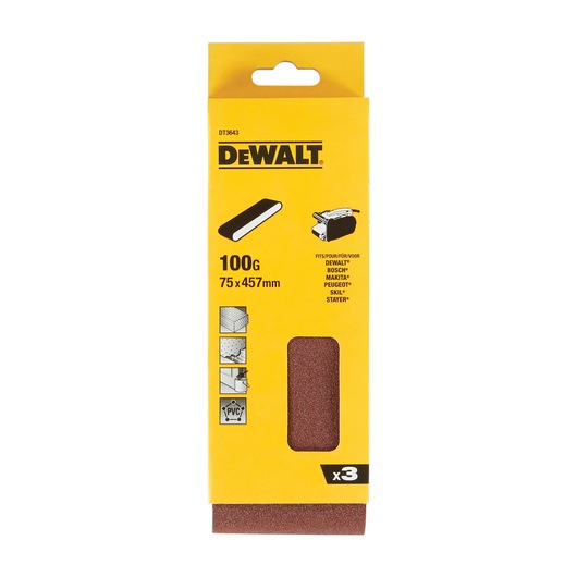 DEWALT DT3643 sanding belts, 100 grit, 75x457mm, pack of 3 for various materials, yellow packaging.