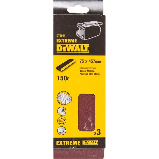 DEWALT DT3644 Extreme sanding belt pack, 75x457mm, 150G, fits Bosch, Makita, 3 belts for wood and PVC.