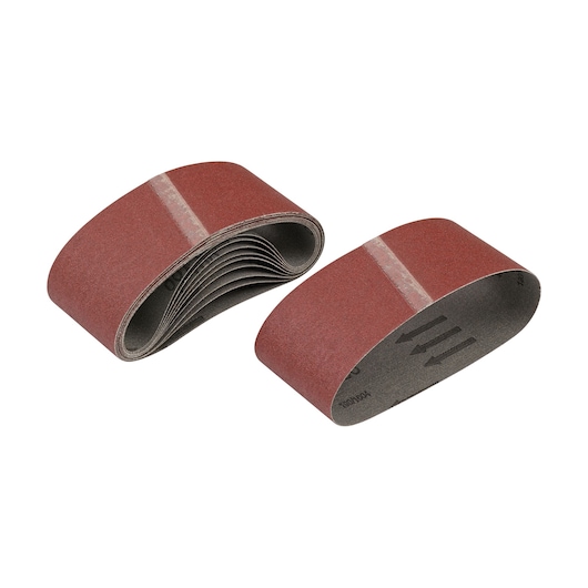 Two DEWALT sanding belts with brown abrasive surface, shown coiled and flat on a white background.