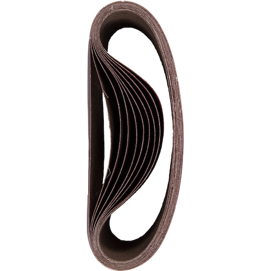 Stack of brown DEWALT sanding belts looped together, photographed from the side against a white background.