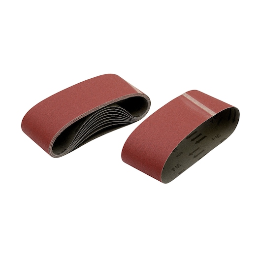 Two DEWALT sanding belts with red abrasive surface, used for belt sanders in woodworking or metalworking.