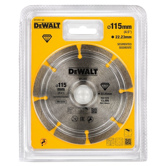DEWALT DT3701 segmented diamond saw blade in retail packaging, 115 mm diameter, for cutting masonry or stone.