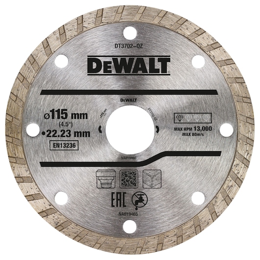 DEWALT DT3702 circular diamond blade for cutting, showing specifications such as diameter (115 mm), bore size (22.23 mm), max speed (13,000 RPM), and material icons. The blade features segmented rim and holes for mounting.
