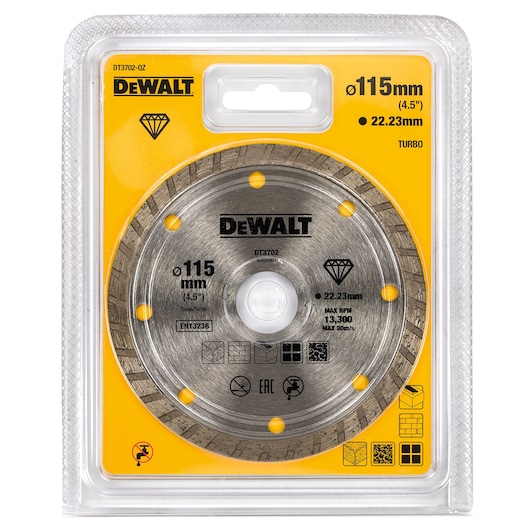 DEWALT DT3702 115mm diamond cutting disc in yellow retail packaging for masonry and tile work.