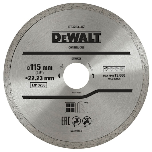 DEWALT DT3703 circular saw blade, 115mm diameter, continuous rim, for tile and glass cutting.