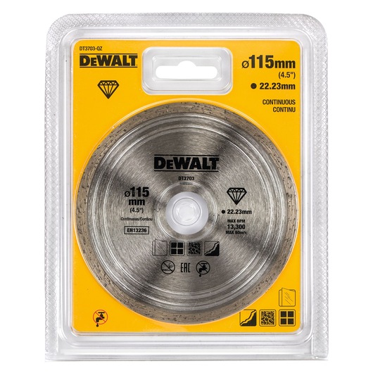 DEWALT DT3703 115mm diamond blade in yellow plastic packaging, labeled for continuous cutting.