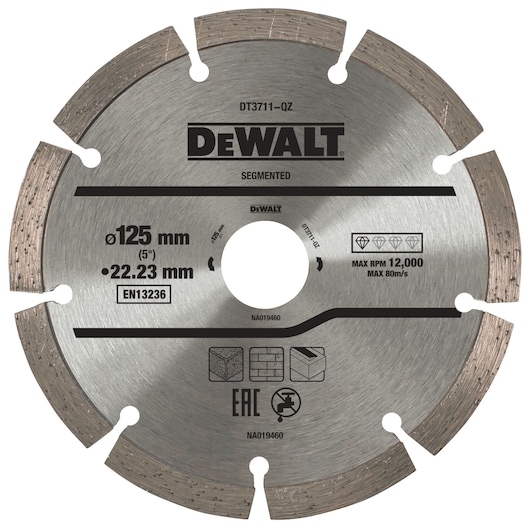 DEWALT DT3711 segmented diamond saw blade, 125mm diameter, for cutting stone, concrete, and masonry.