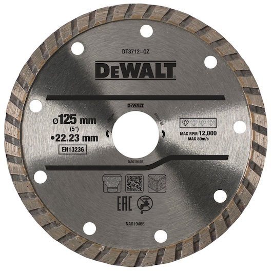 A DEWALT DT3712-QZ diamond cutting disc with a diameter of 125 mm and a bore size of 22.23 mm. The disc features a segmented rim, multiple mounting holes, and is marked with usage instructions and specifications, including a maximum RPM of 12,000 and a maximum speed of 80 m/s. Suitable for cutting various materials such as tiles and concrete.