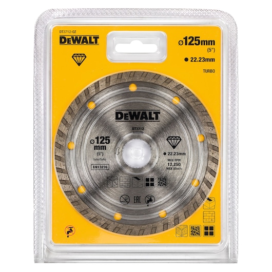 DEWALT DT3712 125mm diamond cutting disc for angle grinders in yellow retail packaging.