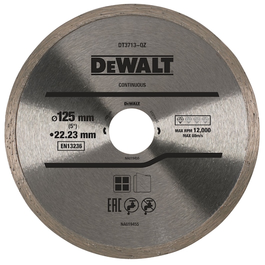 DEWALT DT3713 125mm continuous diamond saw blade for cutting tiles and materials, max RPM 12,000.