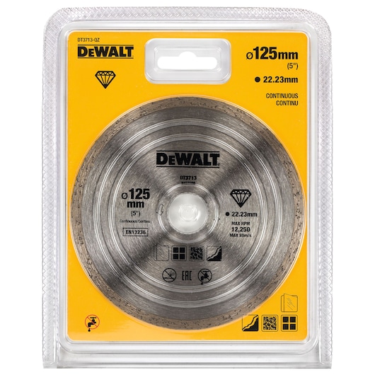 DEWALT DT3713 diamond cutting disc, 125mm diameter, in yellow retail packaging.