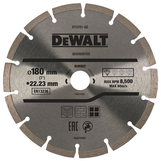 DEWALT segmented diamond blade DT3721, 180mm diameter for cutting concrete, brick, and masonry materials.