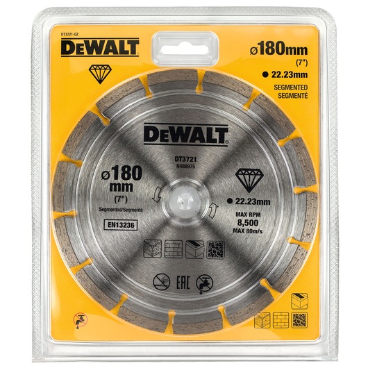 DEWALT DT3721 segmented diamond saw blade, 180mm diameter, for cutting masonry, in plastic packaging.
