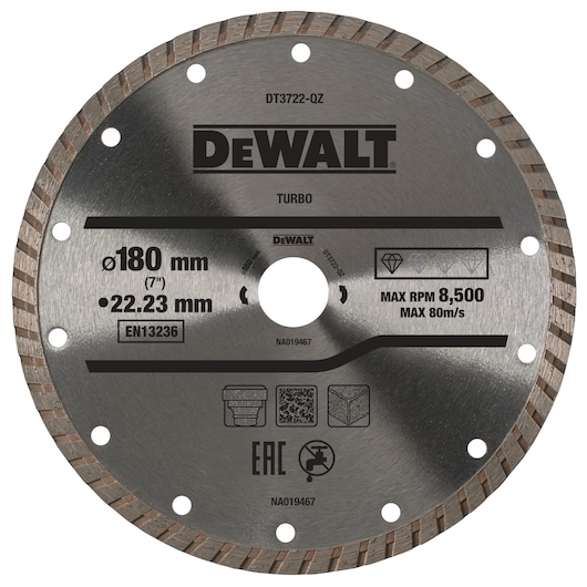 DEWALT DT3722 180mm turbo diamond blade for cutting. Silver, circular rim with specs and icons printed on surface.