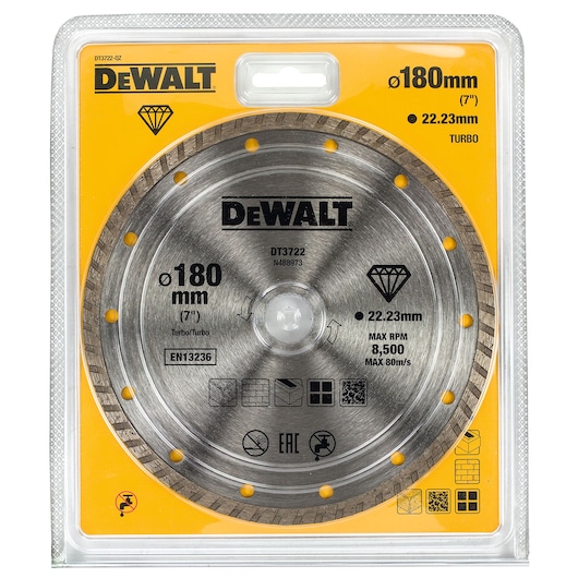 DEWALT DT3722 Turbo diamond blade, 180mm diameter, in yellow retail packaging, partially obscured in center.