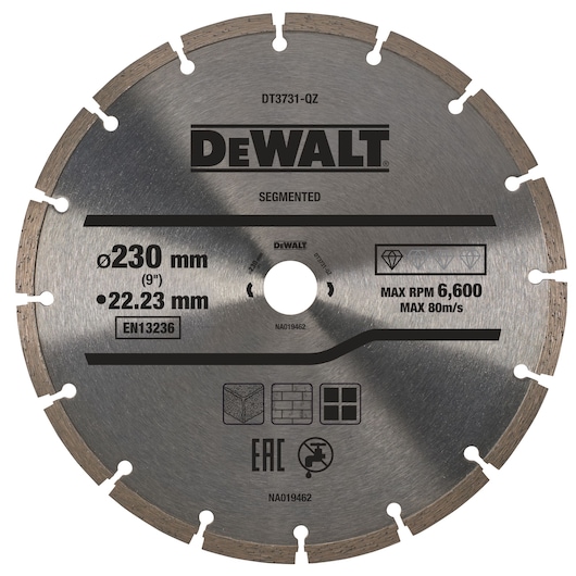 Segmented DEWALT 230mm blade for cutting, labeled DT3731, with max speed and material icons.