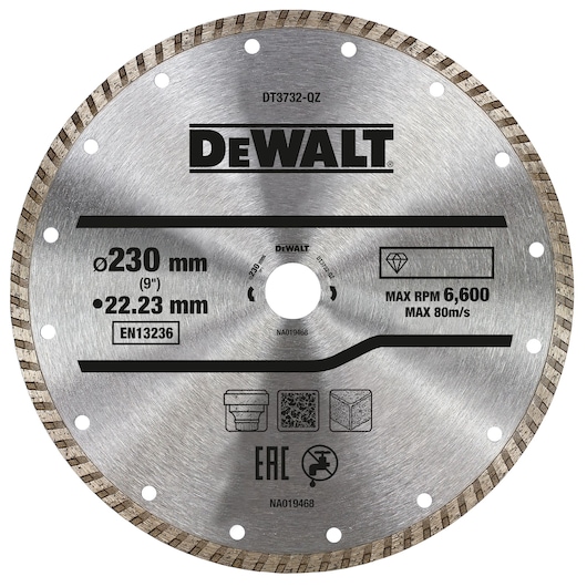 Circular metal DEWALT diamond cutting blade, model DT3732, with a diameter of 230 mm and a bore of 22.23 mm, designed for use in power tools. The blade features labeled specifications, maximum RPM of 6,600, and icons indicating usage for stone, bricks, and concrete.