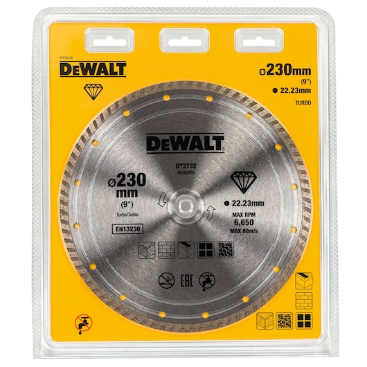 DEWALT DT3732 230mm diamond turbo saw blade in yellow retail packaging, for masonry and construction material cutting.