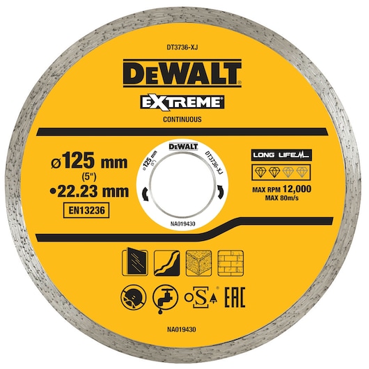 DEWALT DT3736 diamond cutting disc, 125mm diameter, yellow label, for masonry and tile cutting.