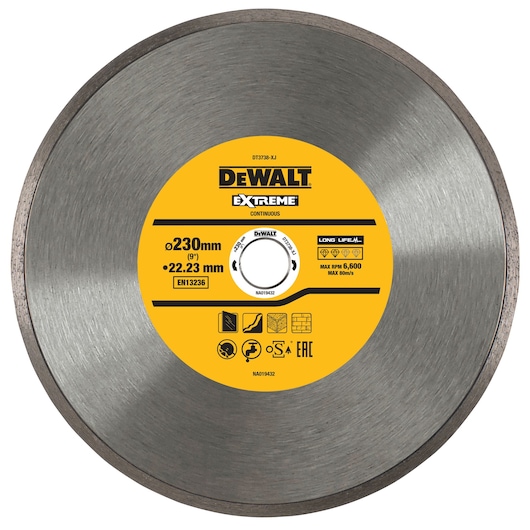 DEWALT DT3738 Extreme continuous saw blade, 230mm diameter, for cutting, with yellow label and technical icons.