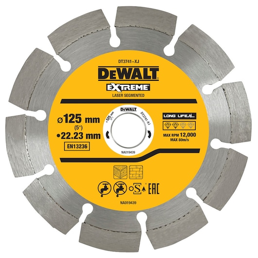 DEWALT DT3741 Extreme segmented laser saw blade, 125 mm diameter, yellow center, metal outer edge.