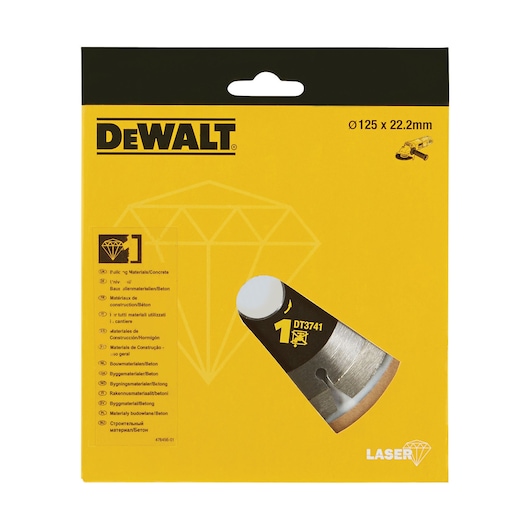 DEWALT DT3741 diamond cutting disc packaging, yellow with product info, for concrete materials, 125mm size.
