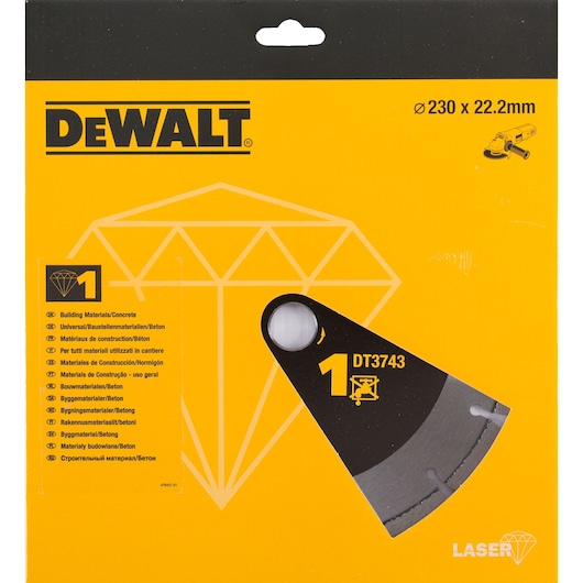 DEWALT diamond blade packaging, SKUs DT3743-XJ, DT3743, for concrete, size 230x22.2mm, yellow and black.