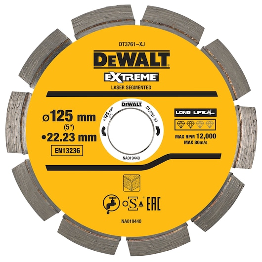 DEWALT DT3761 Extreme laser segmented diamond blade in yellow color, 125 mm diameter and 22.23 mm bore, suitable for cutting materials, with a maximum speed rating of 12,000 RPM and marking for long lifetime and safety standards.