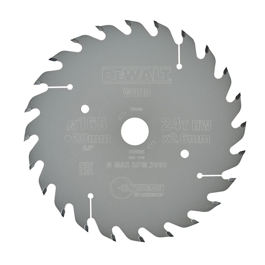 A DEWALT circular saw blade, model DT4026, designed for cutting wood. The blade has 24 teeth and specifications printed on the surface including diameter 165mm, bore 20mm, and a maximum speed of 7000 RPM.