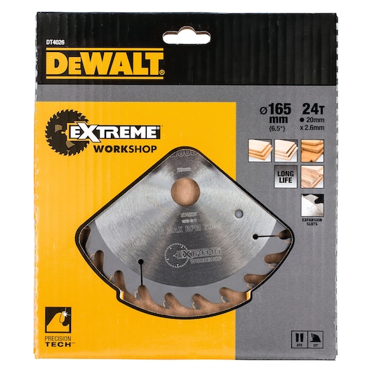 DEWALT DT4026 Extreme Workshop 165mm saw blade in yellow and black packaging for woodworking.