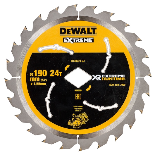 DEWALT DT40270 circular saw blade, 190 mm diameter, 24 teeth, for XR Extreme Runtime, max 7000 rpm.