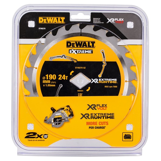 DEWALT DT40270 circular saw blade, 190mm, 24 teeth, in yellow packaging, for extreme runtime and XR FlexVolt tools.