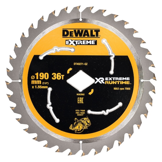 DEWALT Extreme 190mm 36-tooth circular saw blade for woodworking, labeled XR Extreme Runtime.