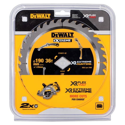 DEWALT DT40271 Extreme XR FlexVolt circular saw blade in packaging, featuring 190mm diameter, 36 teeth, and a design optimized for longer life and extended runtime.