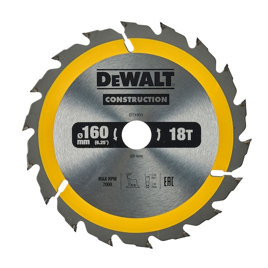 DEWALT DT4031 circular saw blade with yellow rim, 160mm diameter and 18 teeth for construction use.